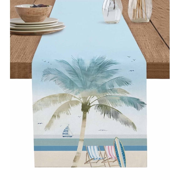 Summer Beach Chair Table Runner 70 Inches, Coastal Palm Trees Canoeing Bed Runner Dresser Scarves Tabletop for Indoor Outdoor Parties/Ceremony/Banquet, 13" x 70"
