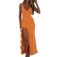 thumbnail image 2 of Women V Neck Sleeveless Mesh Ruffle Hem Bodycon Maxi Casual Backless High Slit Cocktail Party Dress Orange Color M, 2 of 8