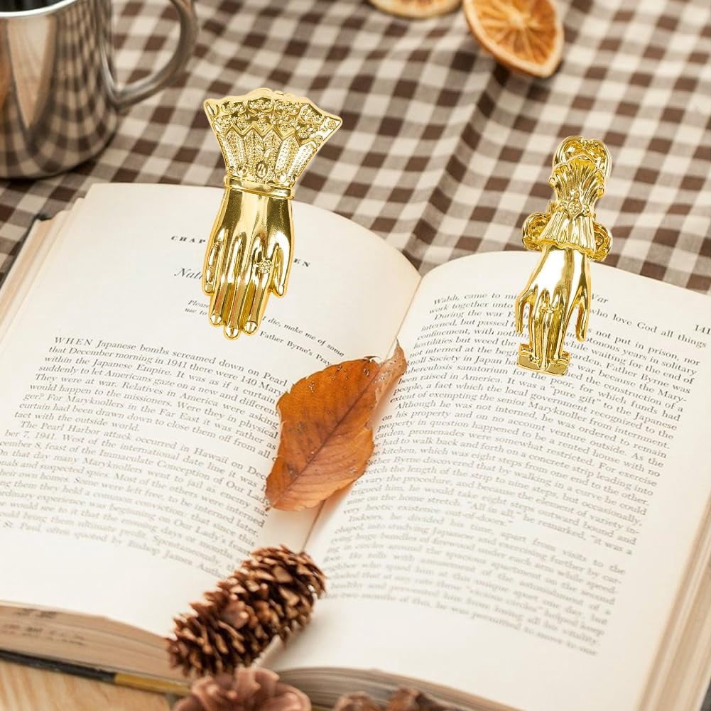 1set 2pcs 2 styles Alloy Hand Shaped Bookmark Clip with 1pc Velvet Pouches Golden 87x39x29mm Hole: 6mm