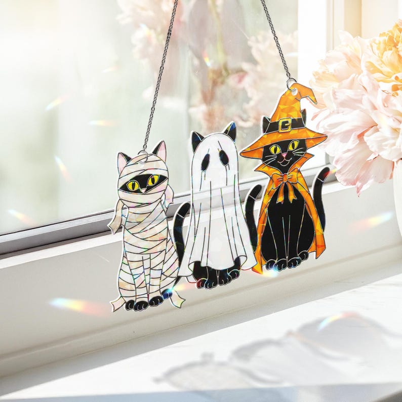 ViciArt Halloween Cat Trio Suncatcher – 9" Holographic Acrylic Window Hanging, Black Cat Decor Set