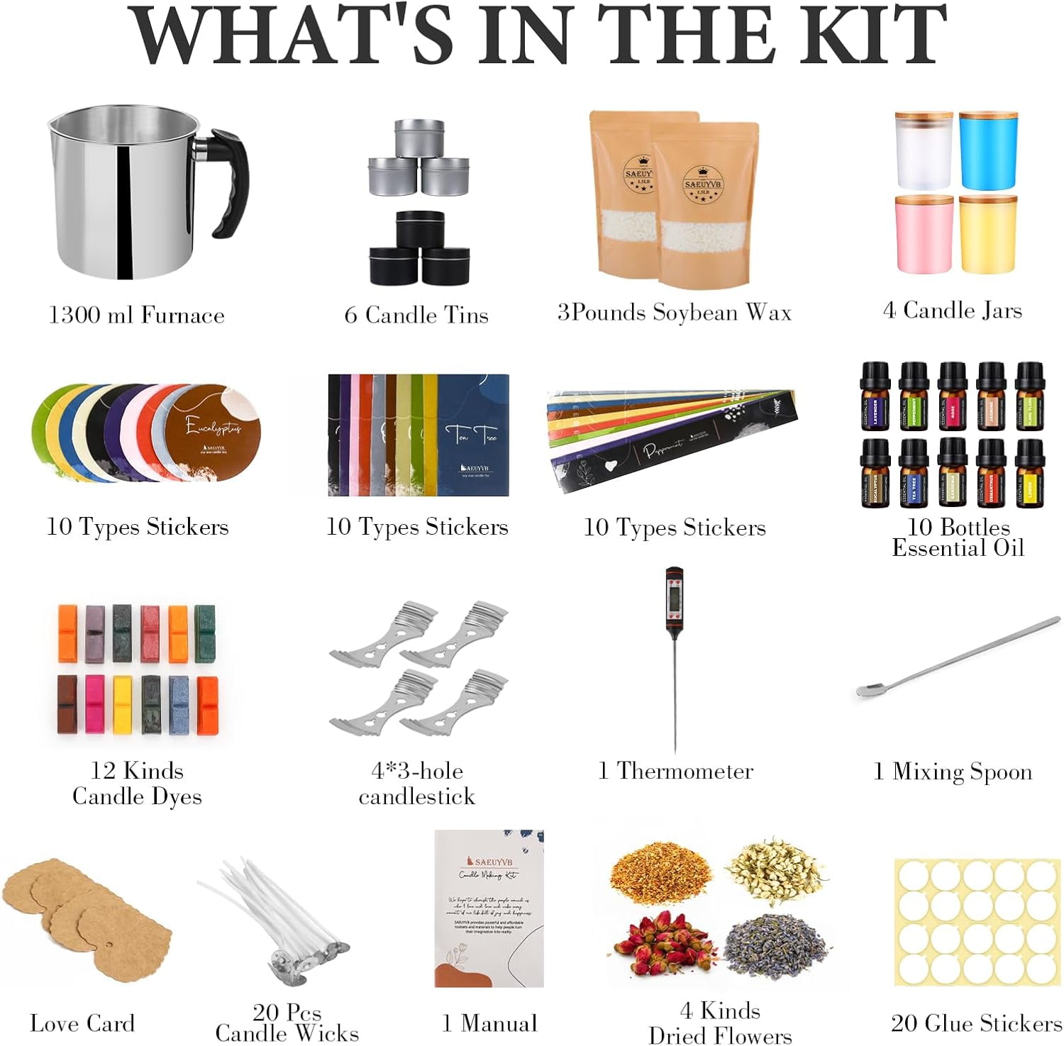 Candle Making Kit - DIY Starter Soy Supplies/Kit Wax 10 Jars & Tins Pleasant Scents Color Dyes More，Perfect for Adults