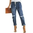 thumbnail image 1 of Women's Dark Blue Gather Round Distressed Pocketed Denim Jogger, 1 of 10