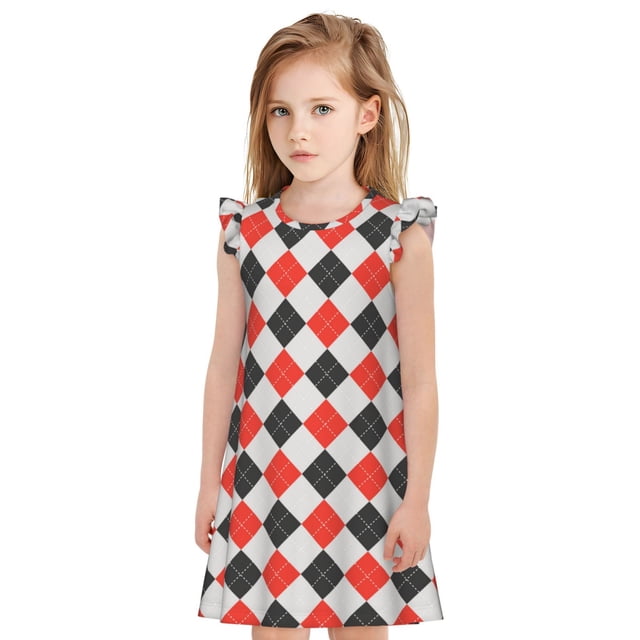 Vsdgher Chemises de Nuit Rouges et Noires à Losanges pour Filles, Manches Courtes à Volants, Robe de Nuit, Vêtements de Nuit, Pyjamas pour Fête Pyjama-TTG