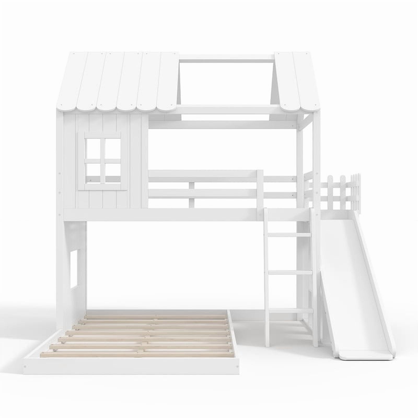 Twin Over Full House Bunk Bed with Slide and Ladder, Kids House Floor Bunk Bed with Storage Shelves and Wardrobe, Playhouse Design, Solid Wood Frame, No Box Spring Needed