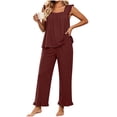thumbnail image 7 of Elvqul Loose Fit Sleeveless Square Neck Knit Fabric Long Pants Ruffled Hem Side Pockets Pajama Set Sleepwear Loungewear Ruffled Hem Pjs Flutter Strap Pjs Ruffle Detail Pajamas, 7 of 7