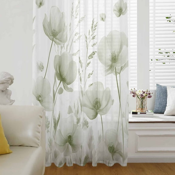 Sage Green Spring Floral Semi Sheer Curtains Drapes for Living Room,Bedroom,French Doors Window 63 Inches Long,Summer Botanical Watercolor Vintage Rod Pocket Chiffon Curtain Drapery Voile Panel
