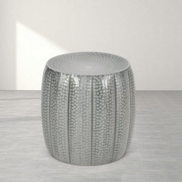Modern Metal Accent Drum Table in Antique Silver, Fully Assembled, Perfect Side Table for Living Room, Bedroom, or Small Spaces