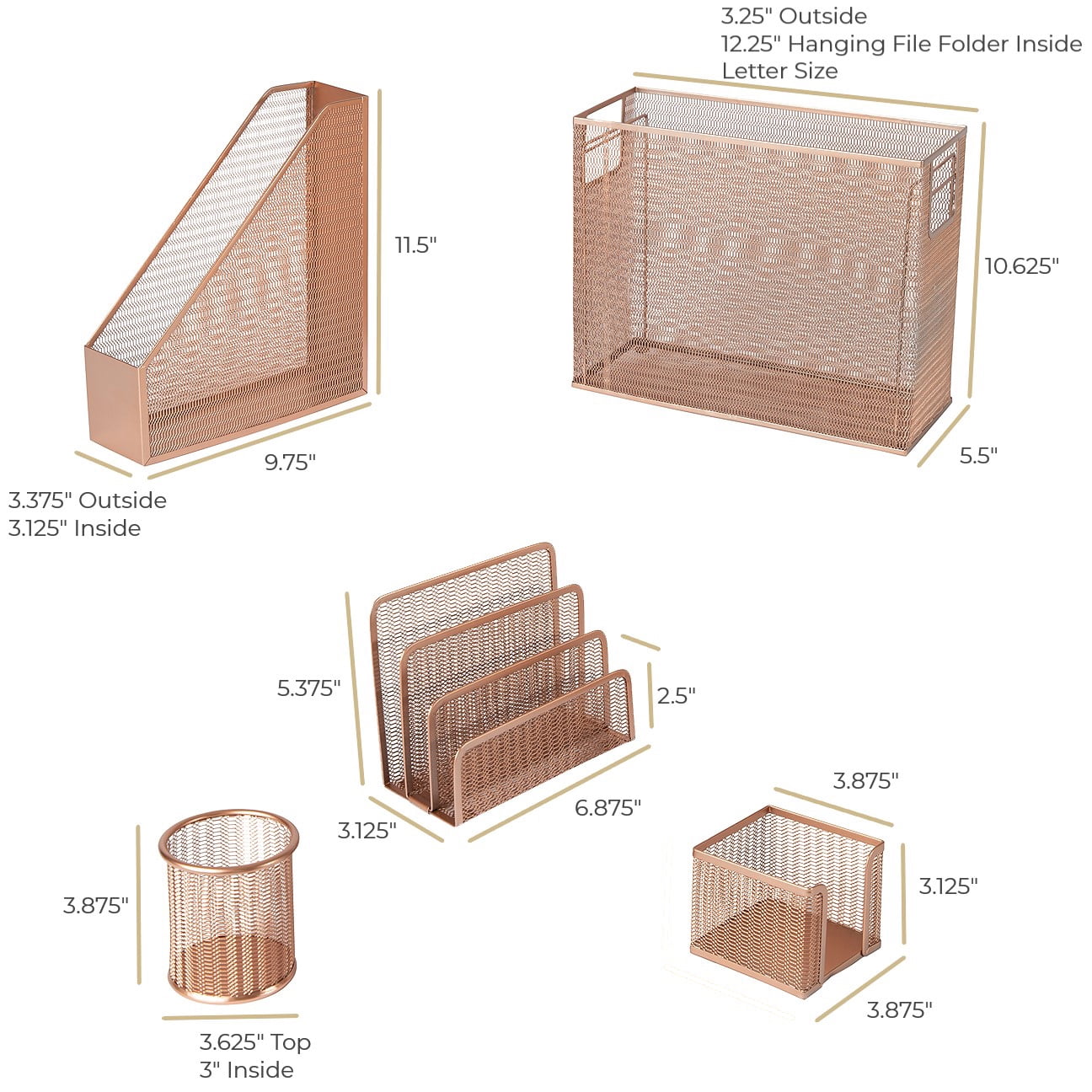 Monte 5 Piece Rose Gold Desk Organizer Set with Desktop Hanging File Organizer