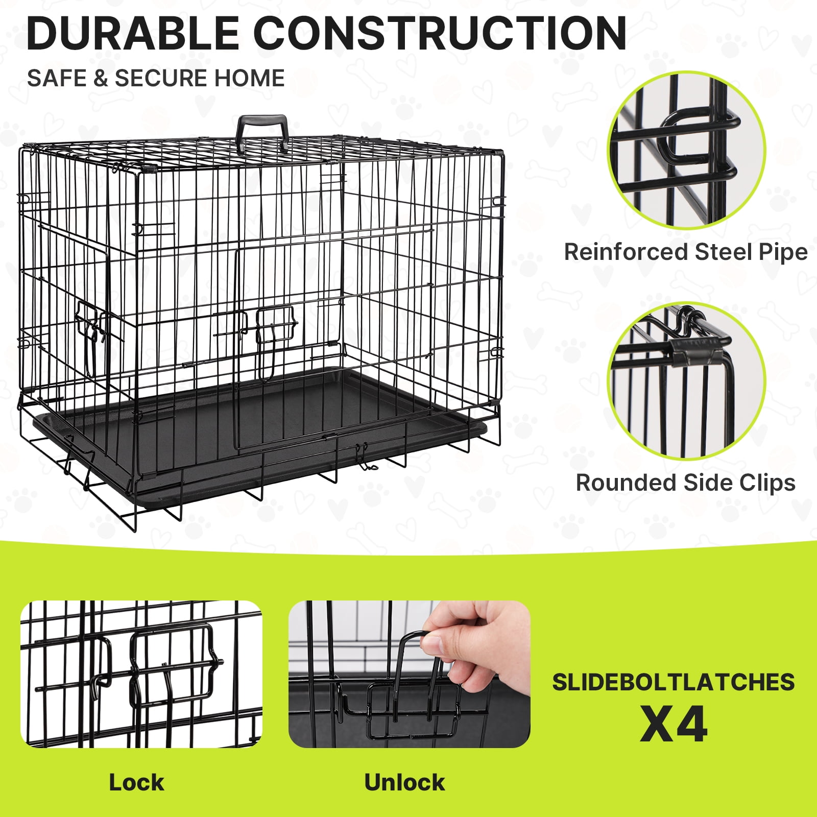 Zephypaws 30" Foldable Dog Crate for Small to Medium Dogs, Double Door Metal Wire Pet Cage Kennel with Plastic Leak-Proof Pan Tray