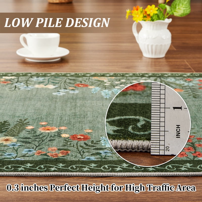Washable 2x6 Runner Rugs, Large Living Room Rug, Non-Slip Soft Floral Rugs for Bedroom, Botanical Area Rug Carpet for Dining Room Guest Room (Green,2'x6')