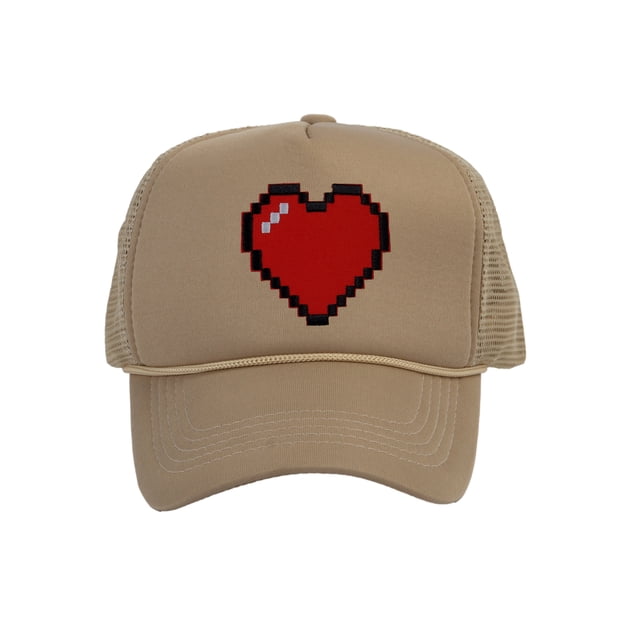 Men's 80's Retro Large 8 Bit Pixelated Heart Gamer Trucker Hat, Beige