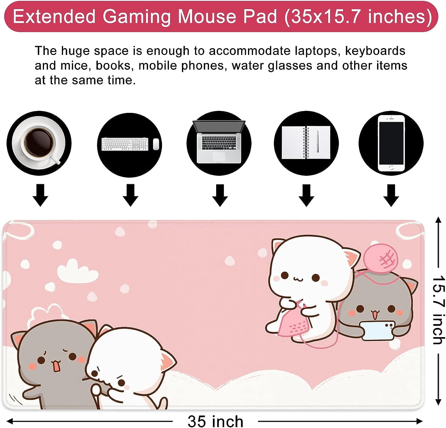 Pink Mouse Pad Cat XXL Kawaii Gaming Mouse Pad Animal Theme 35.4x15.7 inch Gift for Women,Pink Desk Accessories with Personalized Design for Laptop, Computer PC (Pink Cat -2)
