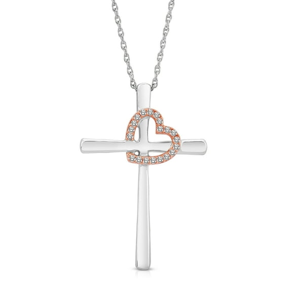ARAIYA JEWELRY 925 Sterling Silver and 10K Rose Gold Diamond Cross Pendant Necklace for Women (1/10 Cttw, I-J Color, I2-I3 Clarity), 18"