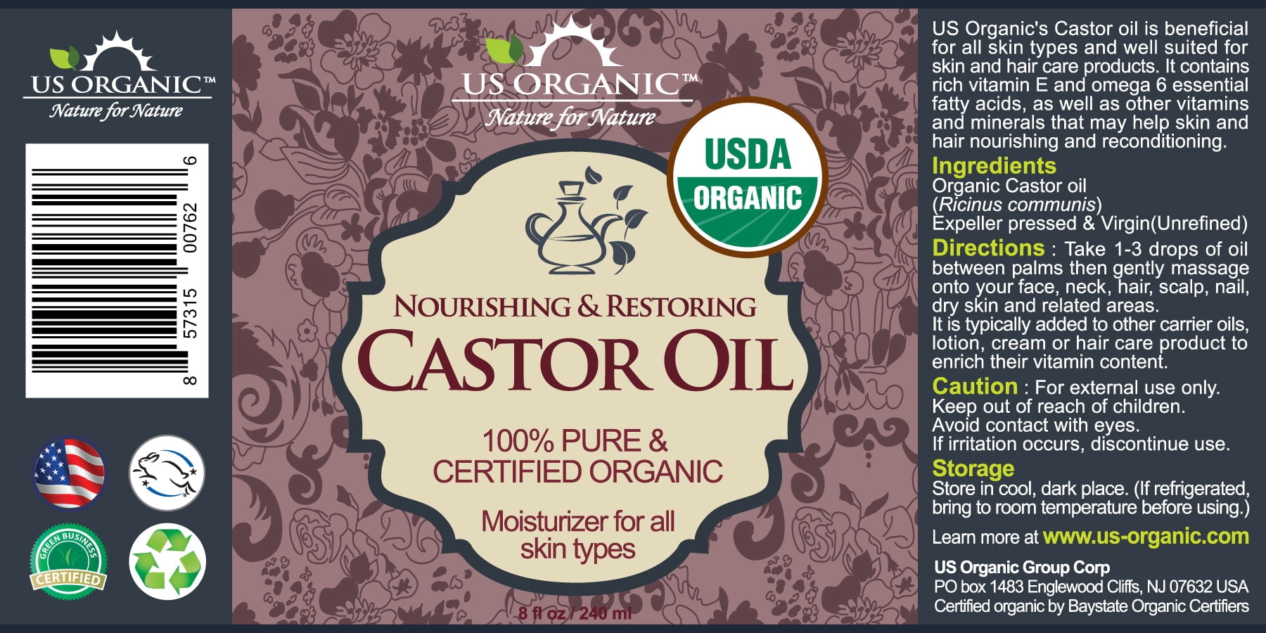 US Organic Castor Oil, 100% Pure Certified USDA Organic 8 oz