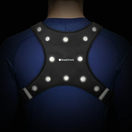 

GreatShield GLO Running Vest with LED Lights Lightweight Reflective Safety Vest with Phone Holder Pocket Weatherproof Gear for Night Cycling Walking Bicycle Jogging Hiking - Black/Medium