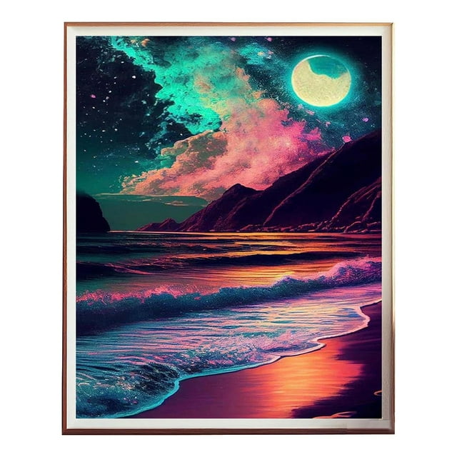 Luna Pintura Kits Adultos 5D Playa Arte Kits Principiantes DIY Ronda completa de perforación junto al mar Pintura con puntos Inicio Pared 15.75 X 11.81 Inch
