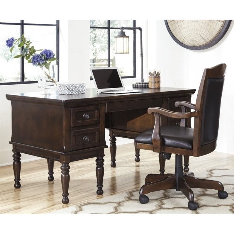 Ashley Porter Home Office Executive Desk With Chair In Brown
