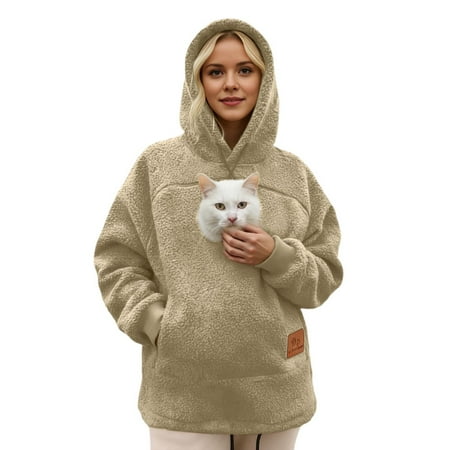Unisex Cat Pouch Hoodie Pet Carrier Hoodie Zipper Pet Care Hoodies Fuzzy Hooded Sweatshirt with Zip Kangaroo Pouch Beige S