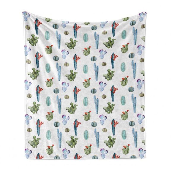 Cactus Soft Flannel Fleece Throw Blanket, Watercolor Indigenous Plants with Many Designs Watercolor Elements Blossom, Cozy Plush for Indoor and Outdoor Use, 50" x 60", Multicolor, by Ambesonne