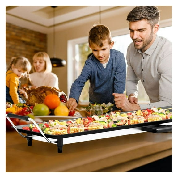 35 Inch Electric Griddle, Adjustable Temperature Grill - Non-Stick Black Aluminum Cooking Surface, 2000W Power, Removable Drip Tray, 5 Heat Settings - Indoor BBQ for Family Meals & Easy Cleanup