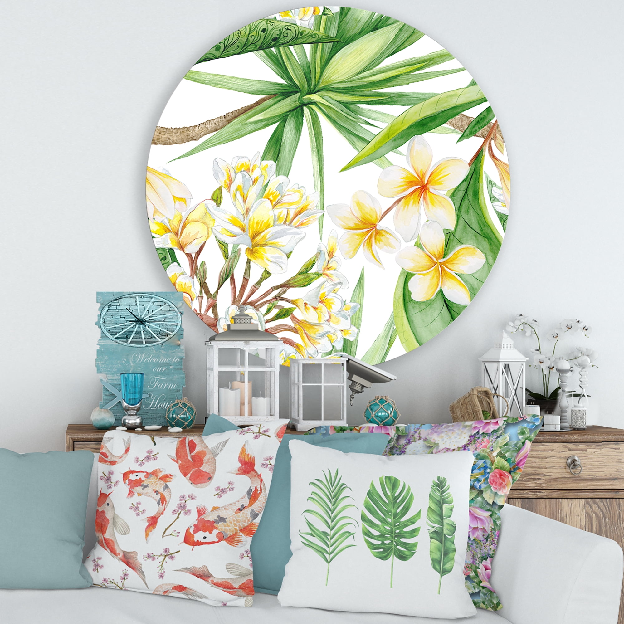 Designart 'Yellow Flowers and Tropical Foliage I' Modern Circle Metal Wall Art 36x36 - Disc of 36