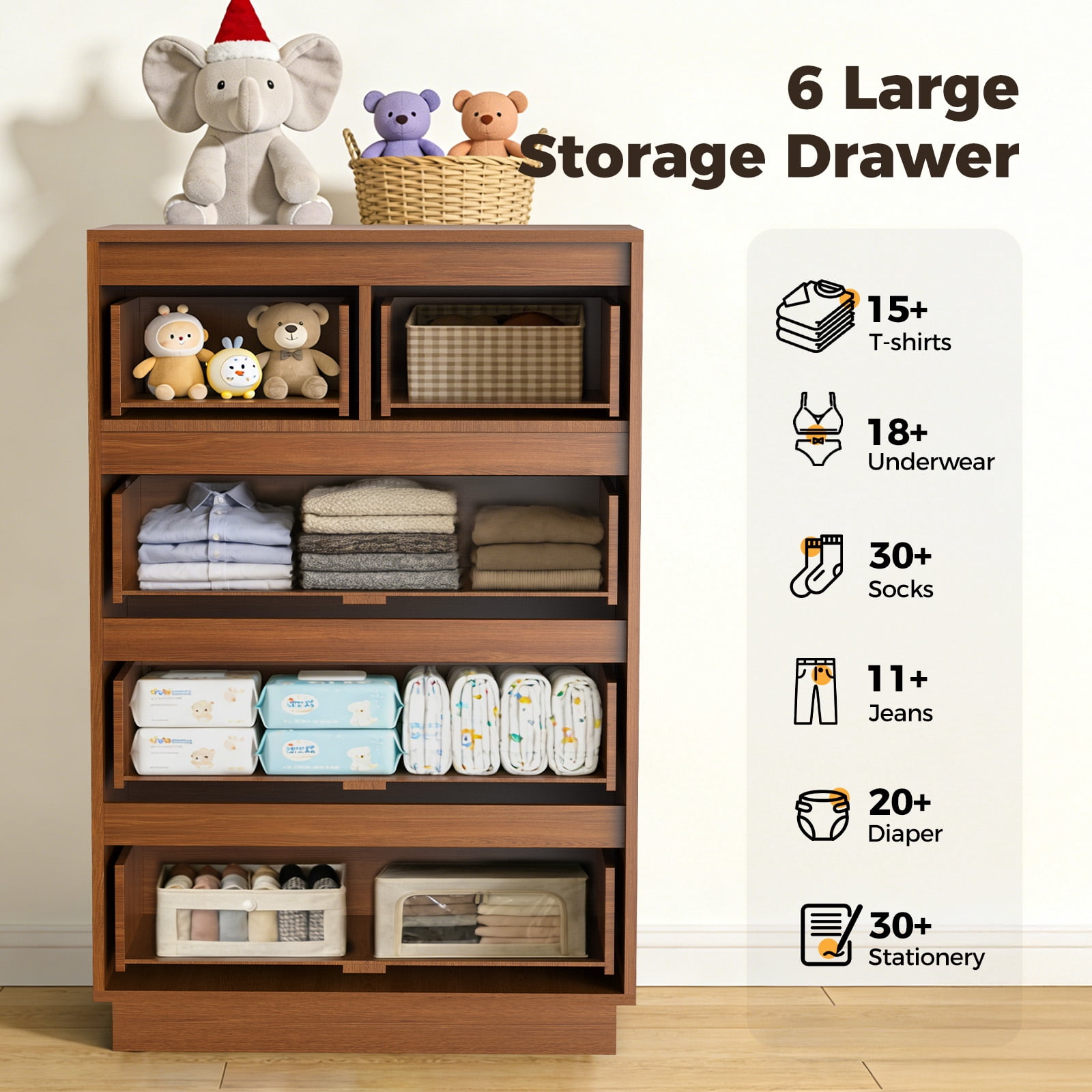 UPGO 25.3'' Fluted Dresser for Living Room, Bedroom, Hallway, Entryway with Deep 5 drawers, Wooden Dresser
