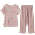 thumbnail image 2 of HOMBOM Valentine Pajamas Women Khaki Floral Short Sleeve Top and Capri Pants Sleep Set 2PC Pajama Sets, 2 of 7