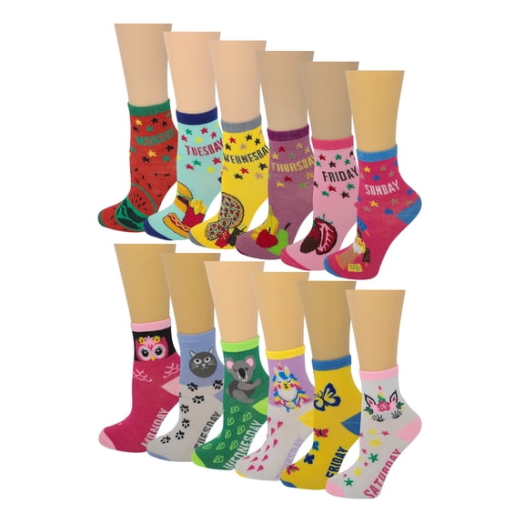 Ayla 12 pairs Kids/Girls DAYS OF THE WEEK pattern crew socks