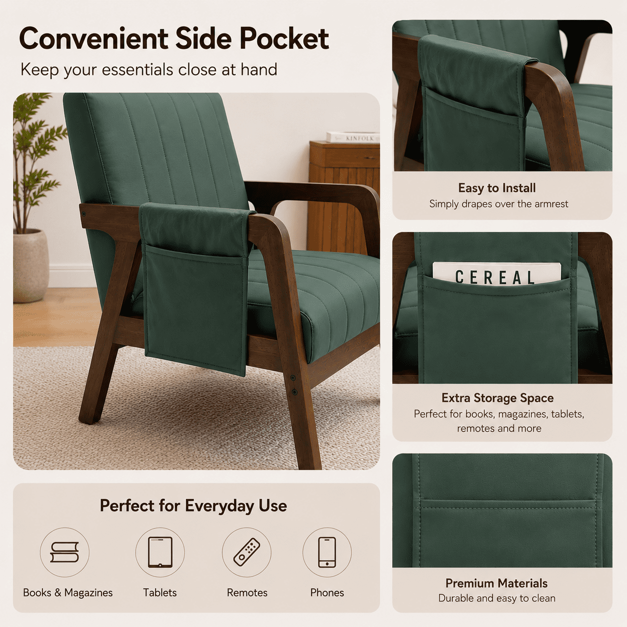 MOONMISS PU Leather Accent Chair,Mid-Century Modern Wood Frame Arm Chair with Side Pocket Cushioned Sofa,Green