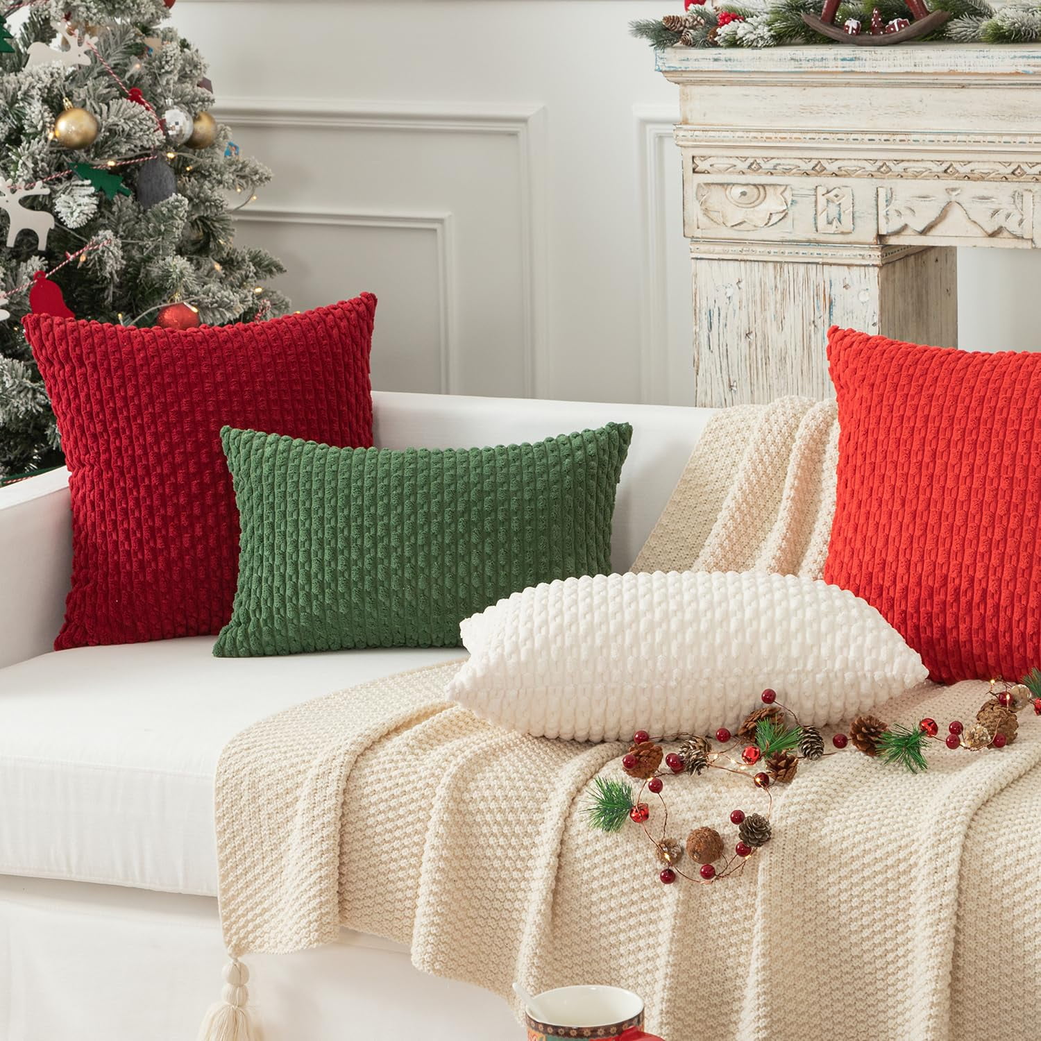 Holzlrgus Pillow Covers Decorative Set of 2 Striped Corduroy Plush Velvet Pillowcases Cushion Cover for Couch, 16x16 inch, Cream