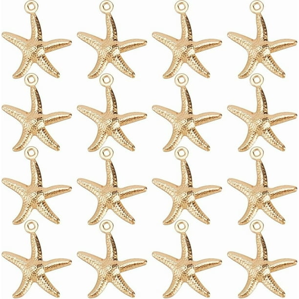1 caja de 100 dijes de estrella de mar chapados en oro real de 24 quilates, 15,5 x 17,5 mm, de acero inoxidable, con forma de animal marino y playa.