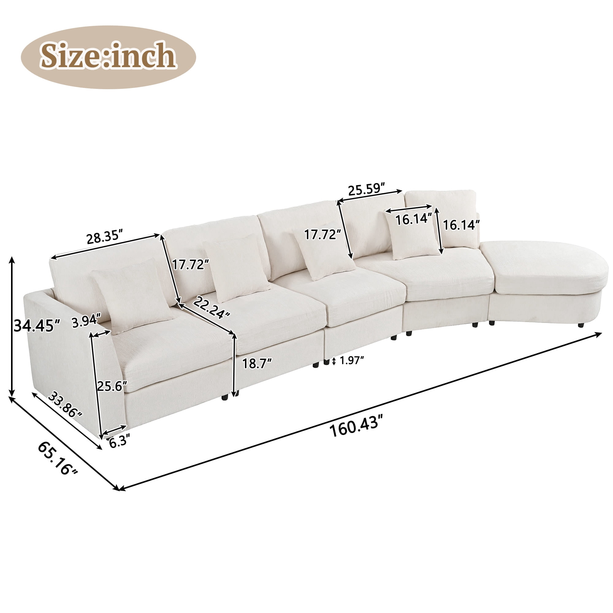 Howcool Oversized 160.4"W Curved Modular Sectional Sofa,5-Seater Deep Seat Chenille Cloud Sofa Couch with 4 Throw Pillows for Living Room,Beige