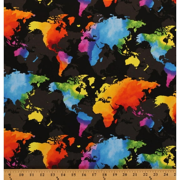 Cotton World Maps Bright Rainbow Continents Travel Countries Oceans Geography Cartography Black Cotton Fabric Print by the Yard (MAP-C8330)