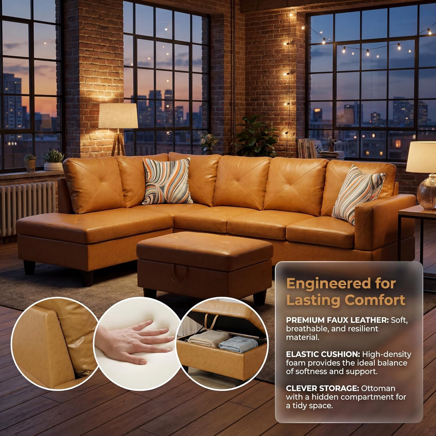 3-Piece L-Shaped Sectional Sofa with Movable Chaise & Storage Ottoman, Faux Leather Living Room Modular Convertible Couches Set for Home Apartment Office, Ginger