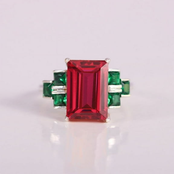 Emerald & Ruby Gemstone Ring, Flawless Baguette Cut Ring, 925 Sterling Silver Ring, Princess Emerald Ring, Party Wear Ring.
