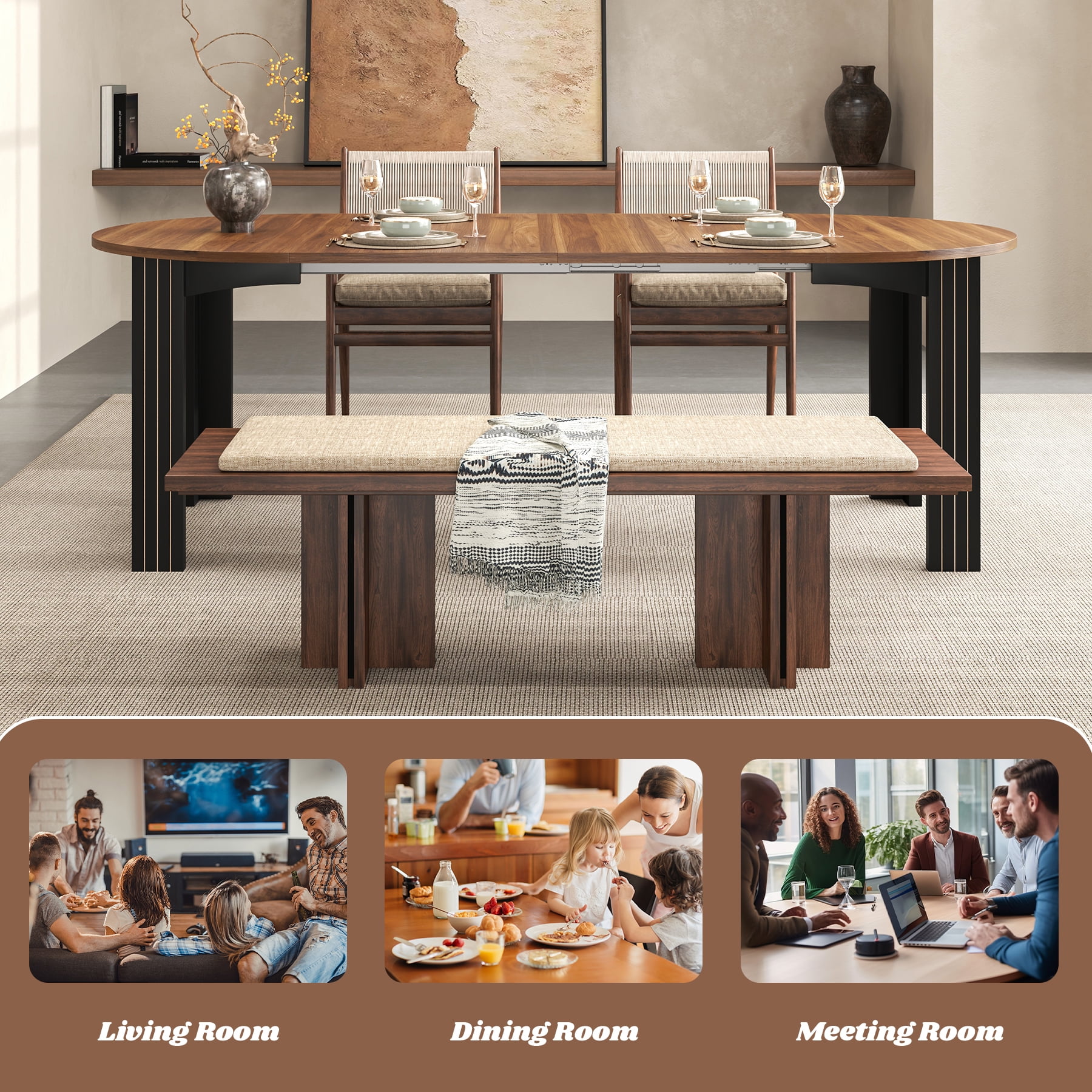 43-78 Inch Extendable Dining Table for 6-8 People, Modern Farmhouse Wood Kitchen Table with Oval Wooden Top and 2 Removable Leaves for Living Room, Breakfast, Restaurant, Dining Room(Walnut)
