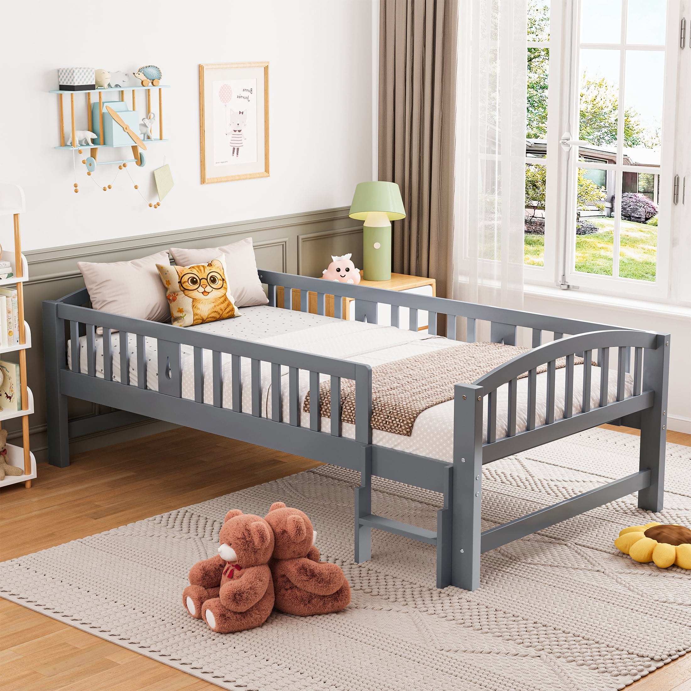 PAPROOS Wood Twin Platform Bed Frame, Twin Size Bed Frame with Fence Guardrail Ladder, No Box Spring Needed, Grey