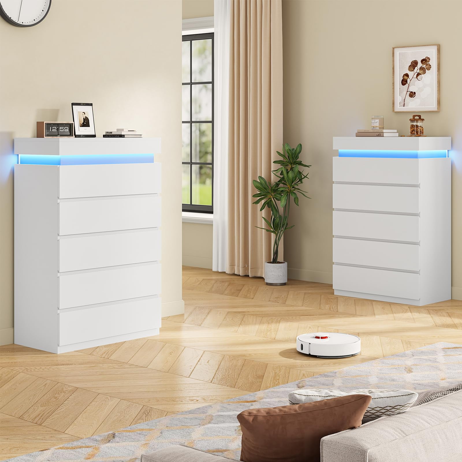Afuhokles White 5 Drawer Dresser with LED Light, Chest of Drawers for Bedroom, White