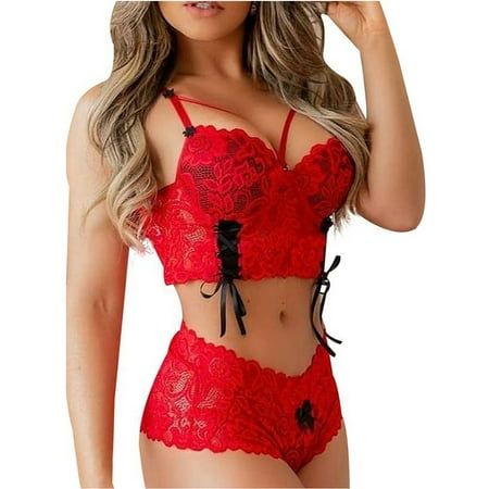 

FASHIONWT Women Summer Sexy Lace Stretchy Flower Bandage Two Pieces Set Underwear