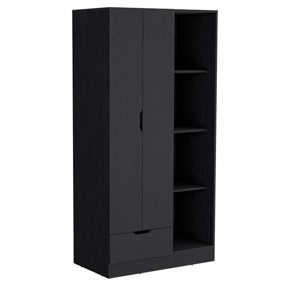 Miekor Furniture Armoire 71H" with 1-Drawer and 4-Tier Open Shelves, 2 Doors, Black B5A7687