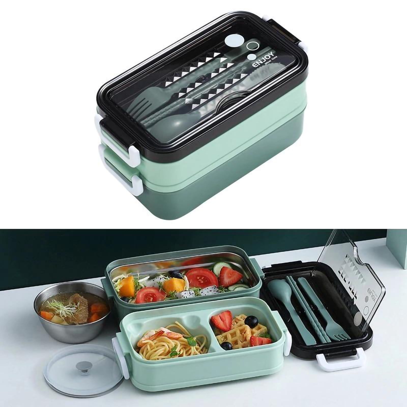 Suntekcam Lunch Box for Women, Bento Box with Knife and Fork, 1400ml Large Capacity Three Compartment Kids Lunch Box, Microwaveable Heating Lunch Box