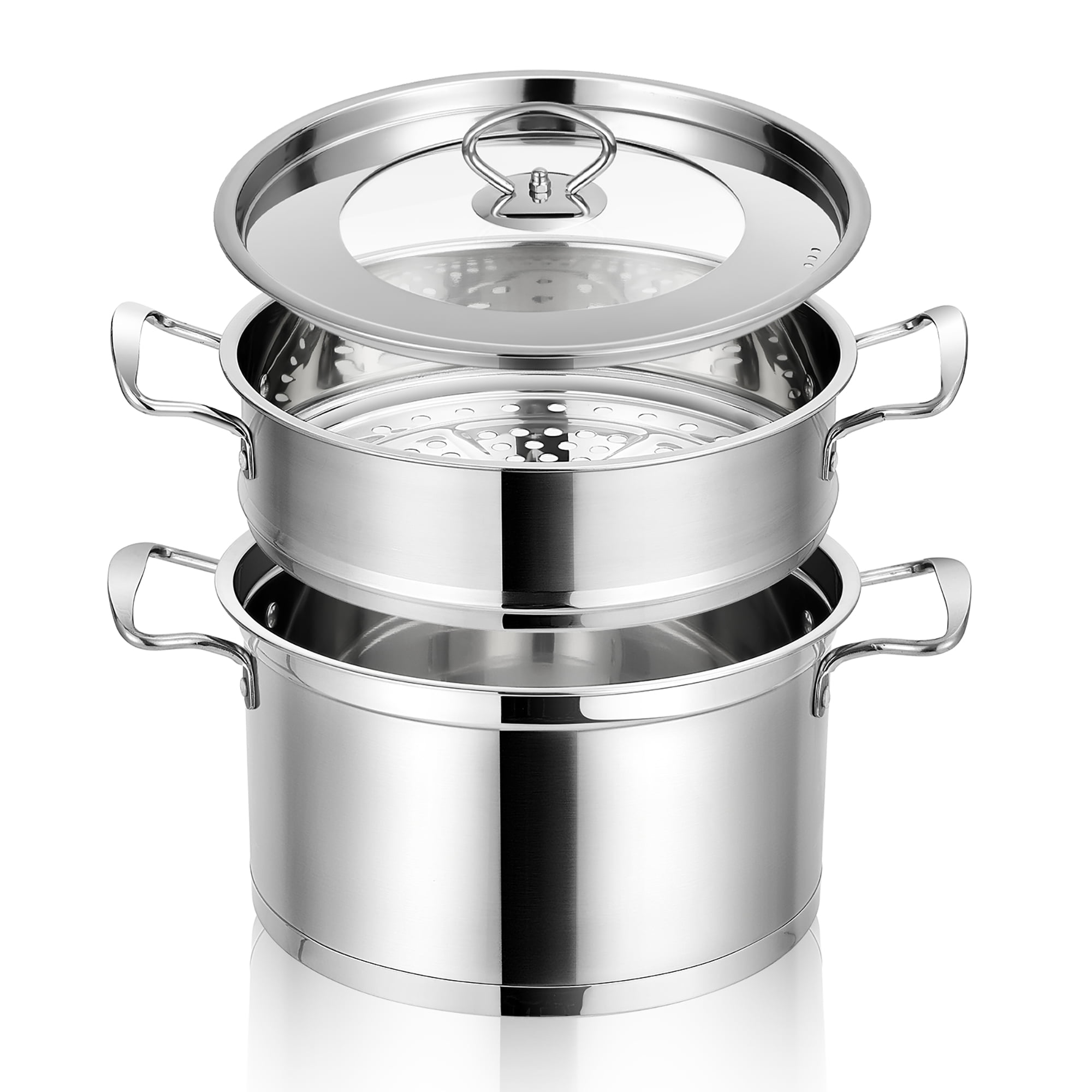 Mano Steam Pots for Cooking 11 inch Steamer Pot with Lid 2-Tier Multipurpose Stainless Steel Steaming Pot Cookware with Handle for Vegetable, Dumpling