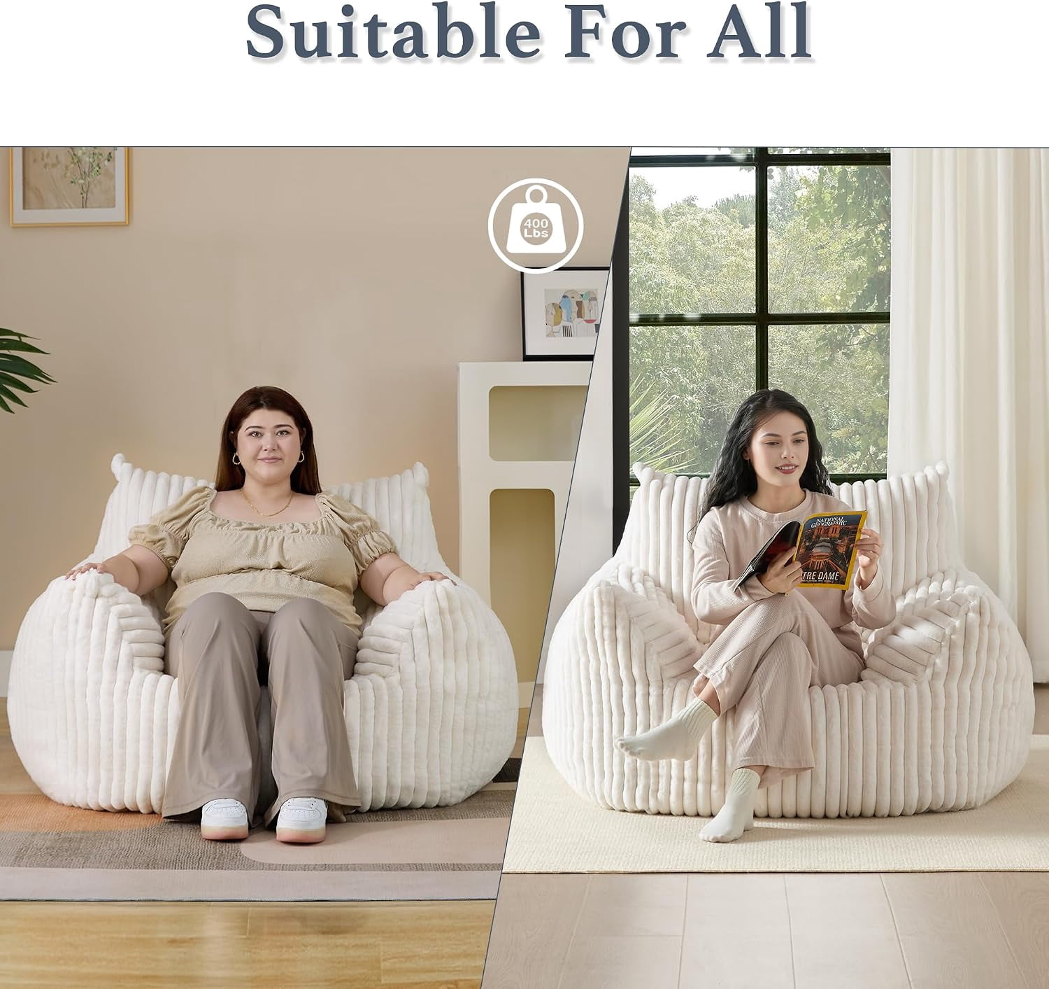 Plush Bean Bag Chair for Living Room, Oversized Comfy Bean bag Lounge Chair Lazy Floor Sofa Couch for Bedroom, Dorm, Beige