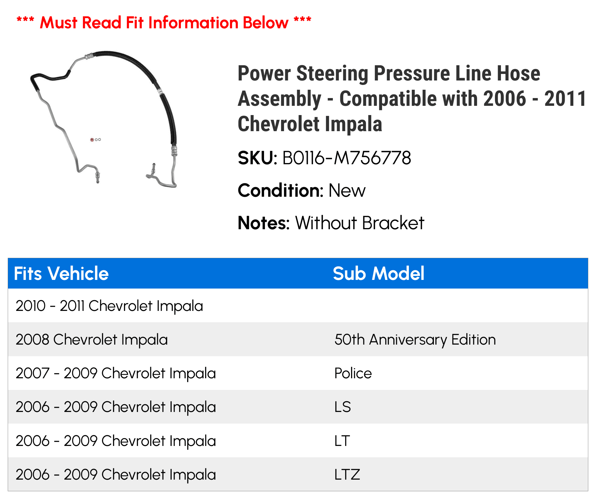 Power Steering Pressure Line Hose Assembly - Compatible with 2006 - 2011 Chevy Impala 2007 2008 2009 2010