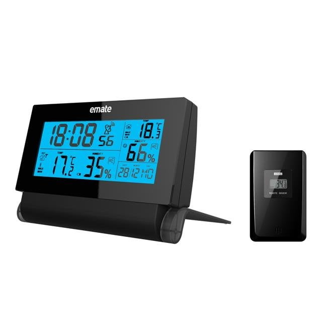 ATOMIC LCD ALARM CLOCK WITH INDOOR AND OUTDOOR TEMPERATURE AND HUMIDITY 