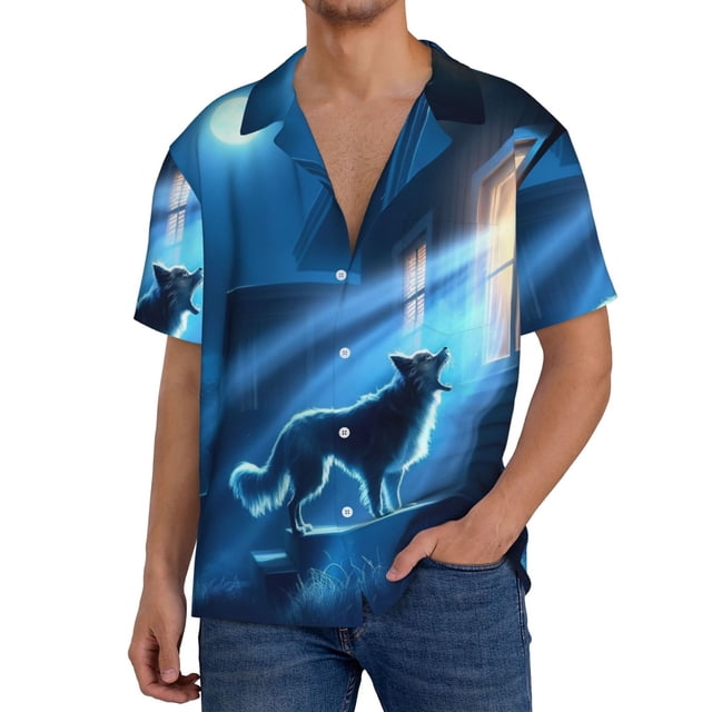 Balery A Wolf Barks Out A Window Camisa Casual de Manga Corta con Botones para Hombre, Texturizada, Estilo Cubano, para Playa, Verano-X-Large