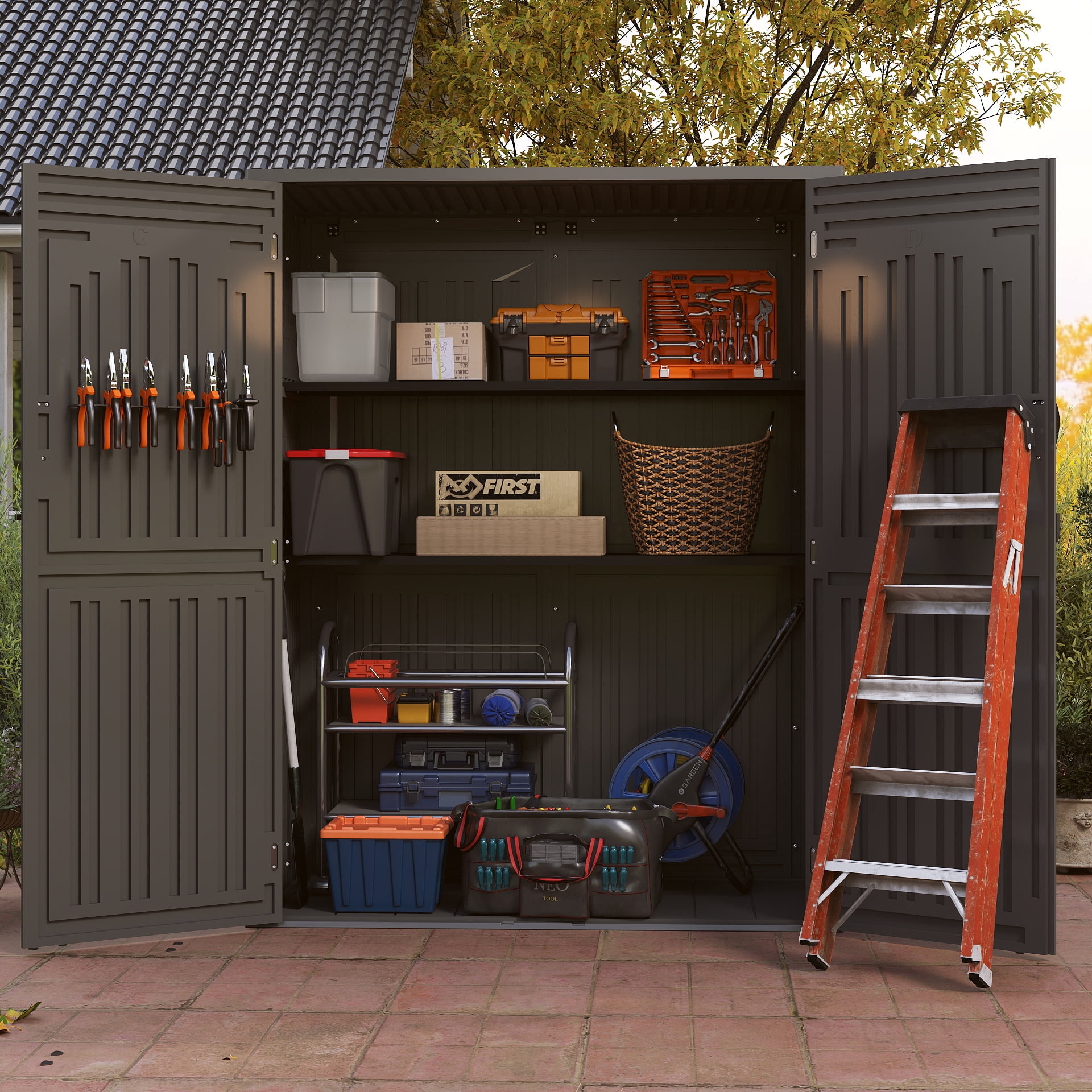 EHHLY 60 Cu. Ft Outdoor Resin Storage Cabinet with Floor, Waterproof Large Plastic Shed for Garden Tools, Lawn Mower and Patio, Grey