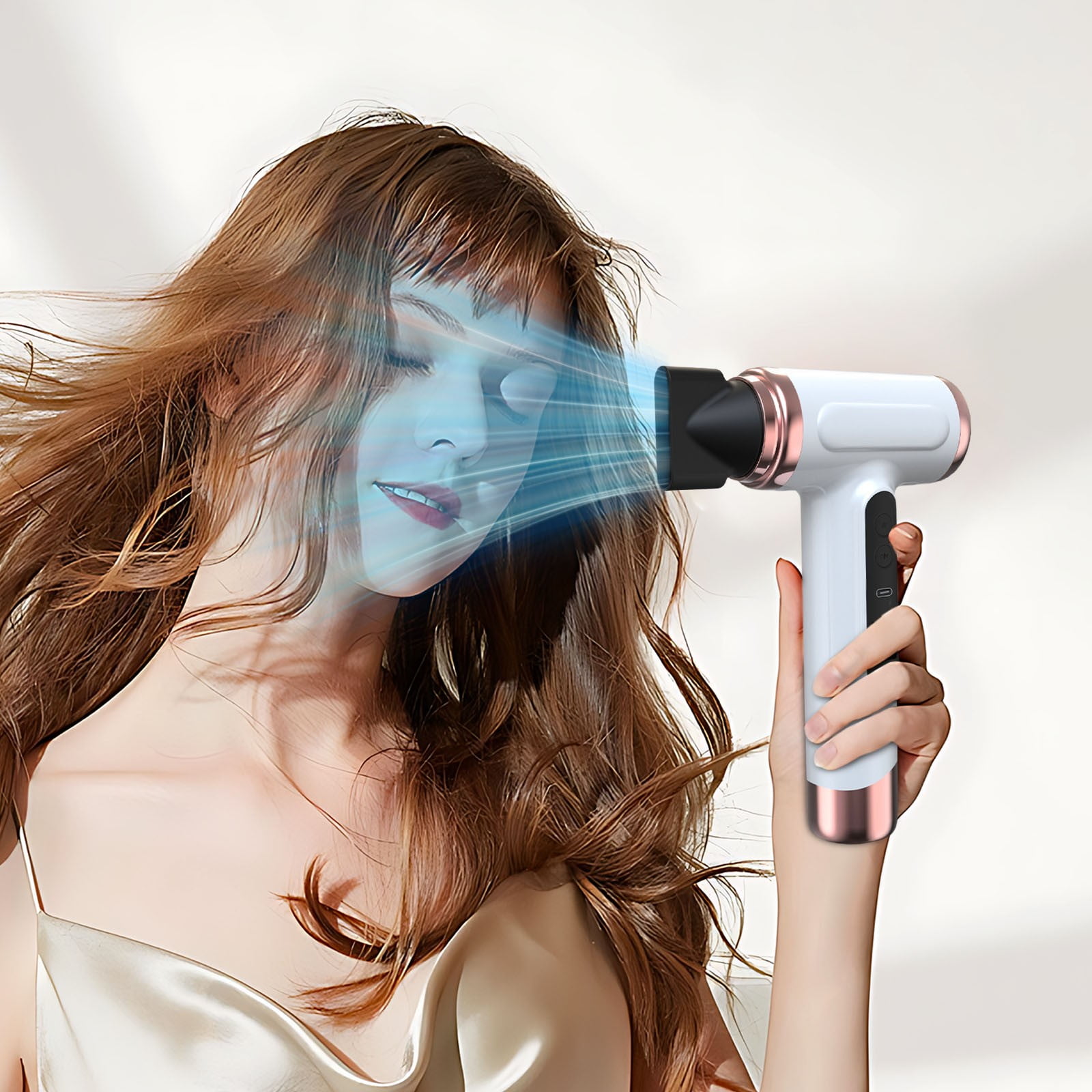 Wireless hair dryer, can be charged via USB, battery-powered cold/heat wind hair dryer, suitable for outdoor travel and camping (white)