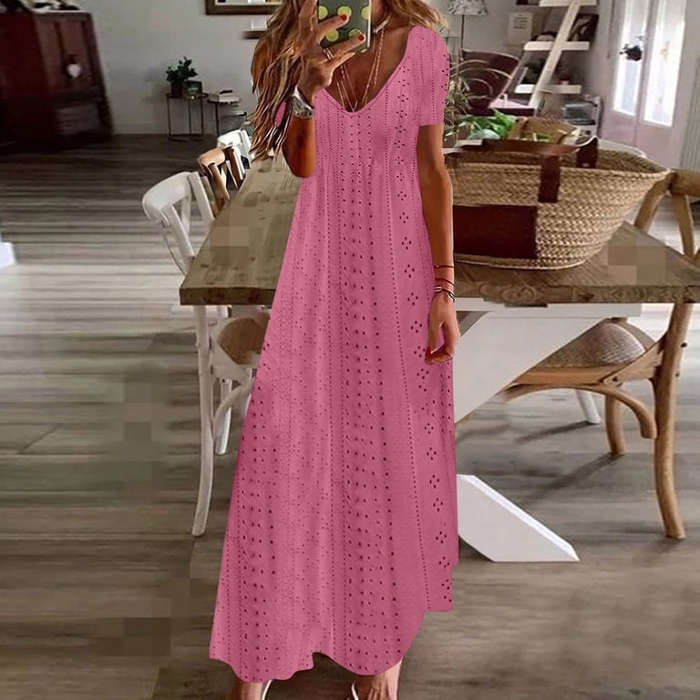 WIZUTIZ Womens Dresses Summer Stylish Baggy High Waist Crochet Hollow Out  Solid Peplum Dress Short Sleeve V-Neck Beach Dress for Womens Maxi Dress  Super Soft Work Dress Pink - Walmart.com