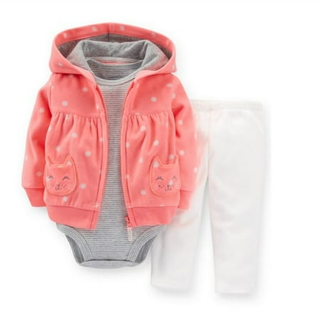 Carter Sweatshirt - Carters Infant Girls 3 Piece Set Pink Dot Kitty Cat Hoodie Leggings & Shirt